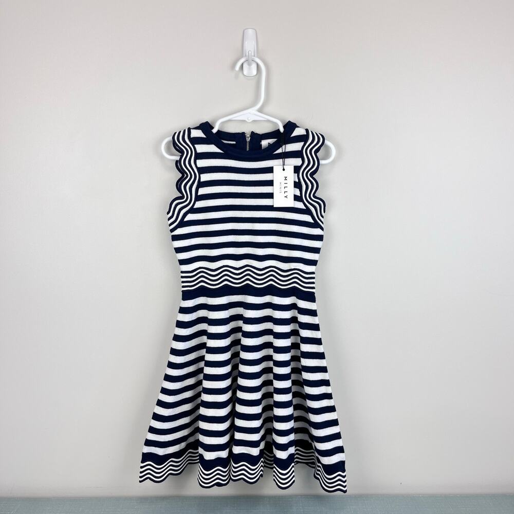 Milly Mini Textured Wave Flare Dress Navy Blue Stripes 7/8 NWT